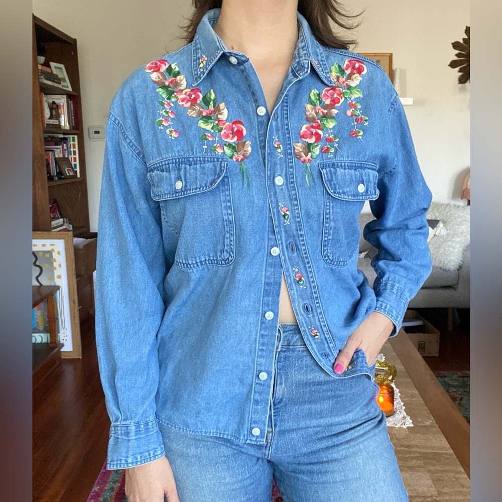 Vintage 1990s Blue Denim Floral Painted Button Down Shirt